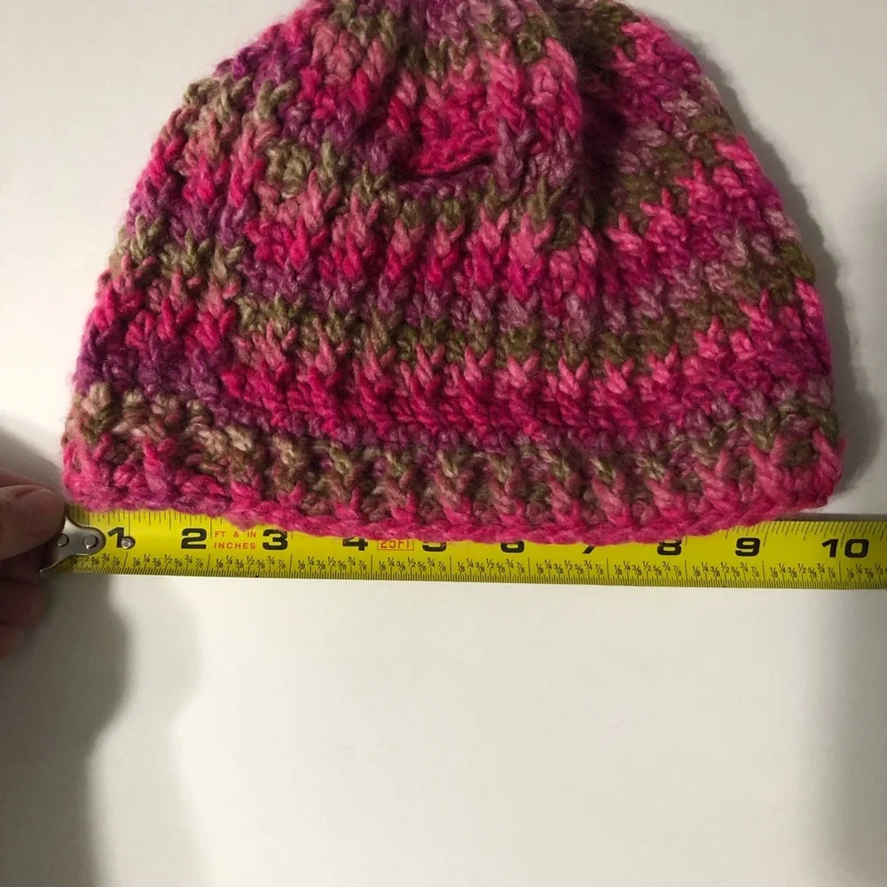 Handmade crochet knit winter‎ hat with pony hole pink and brown tones fits women